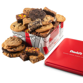 David's Cookies tin packaging with assorted cookies shows premium gift quality and freshness