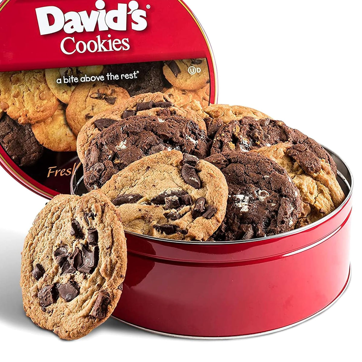David's Cookies assorted gift tin with 8 jumbo cookies, perfect for gifting and celebrations.