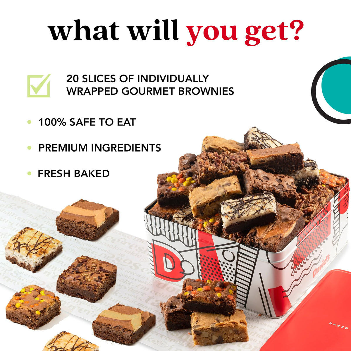 David's Cookies brownie assortment, freshly baked flavors for sharing.