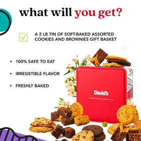 David's Cookies brownie tin revealed with rich chocolate bites ready to share