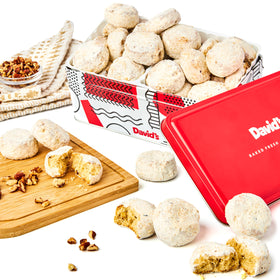 David's Cookies Butter Pecan Meltaways tin front view, elegant gift idea