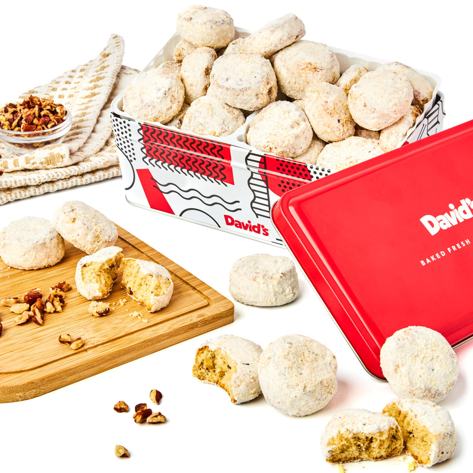 David's Cookies Butter Pecan Meltaways tin front view, elegant gift idea