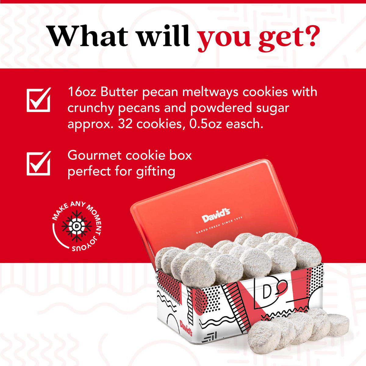 David's Cookies Butter Pecan Meltaways tin open reveal of soft cookies