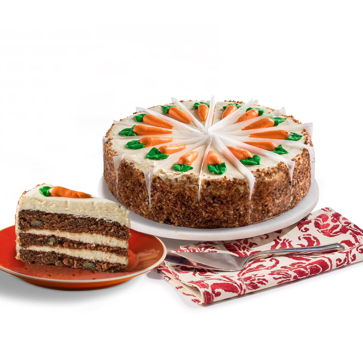 DAVID'S COOKIES carrot cake 10 inch front view with creamy frosting, ideal for holiday gatherings.