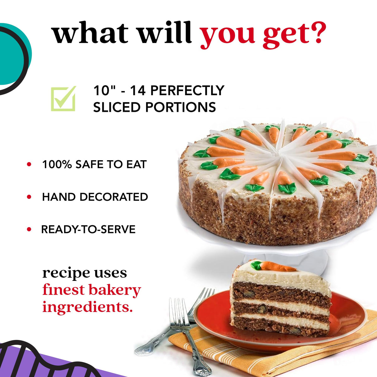 DAVID'S COOKIES carrot cake 10 inch slices neatly arranged, perfect for sharing at parties.