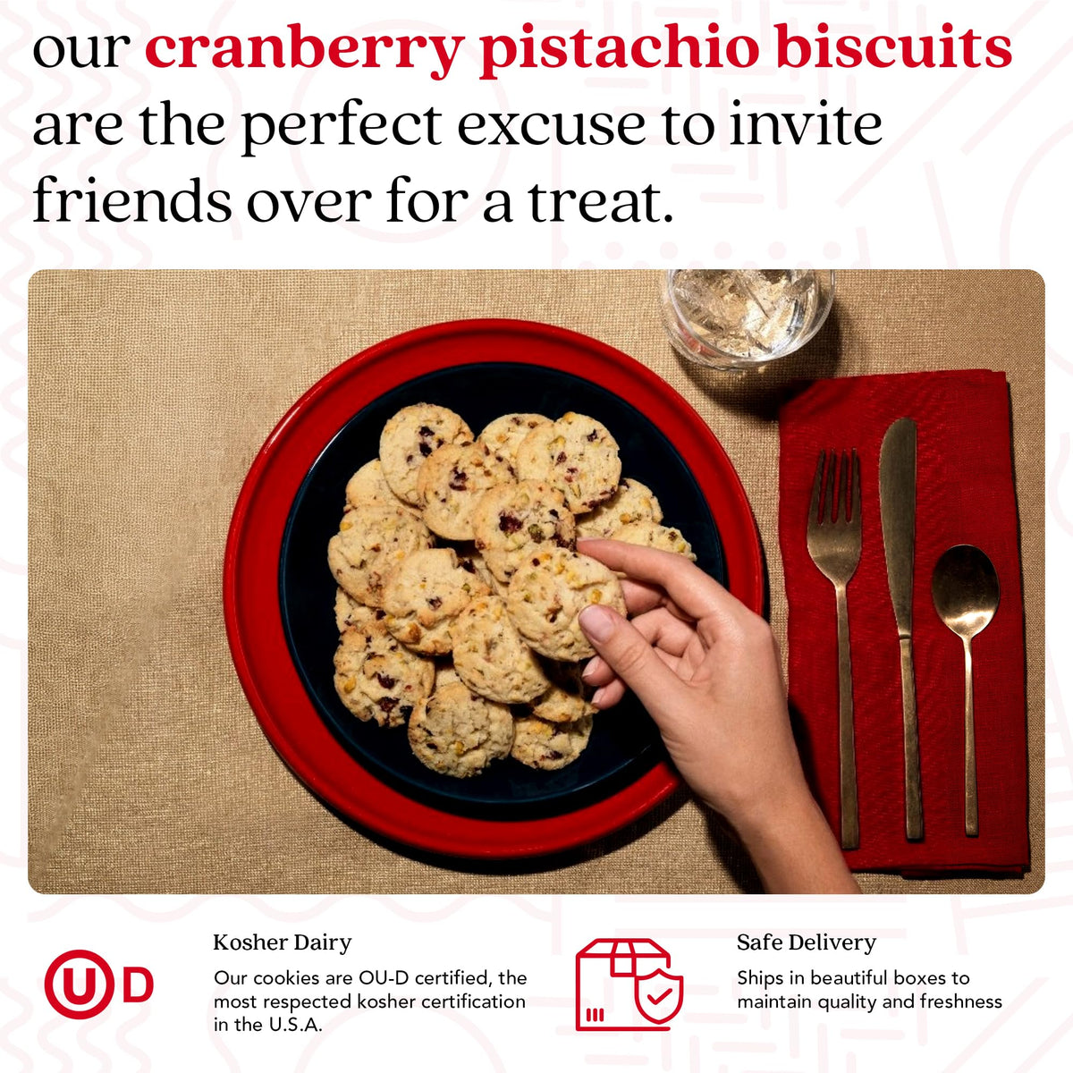 David's Cookies cranberry pistachio biscuits closeup highlights crisp texture and berry notes.
