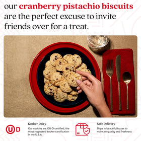 David's Cookies cranberry pistachio biscuits closeup highlights crisp texture and berry notes.