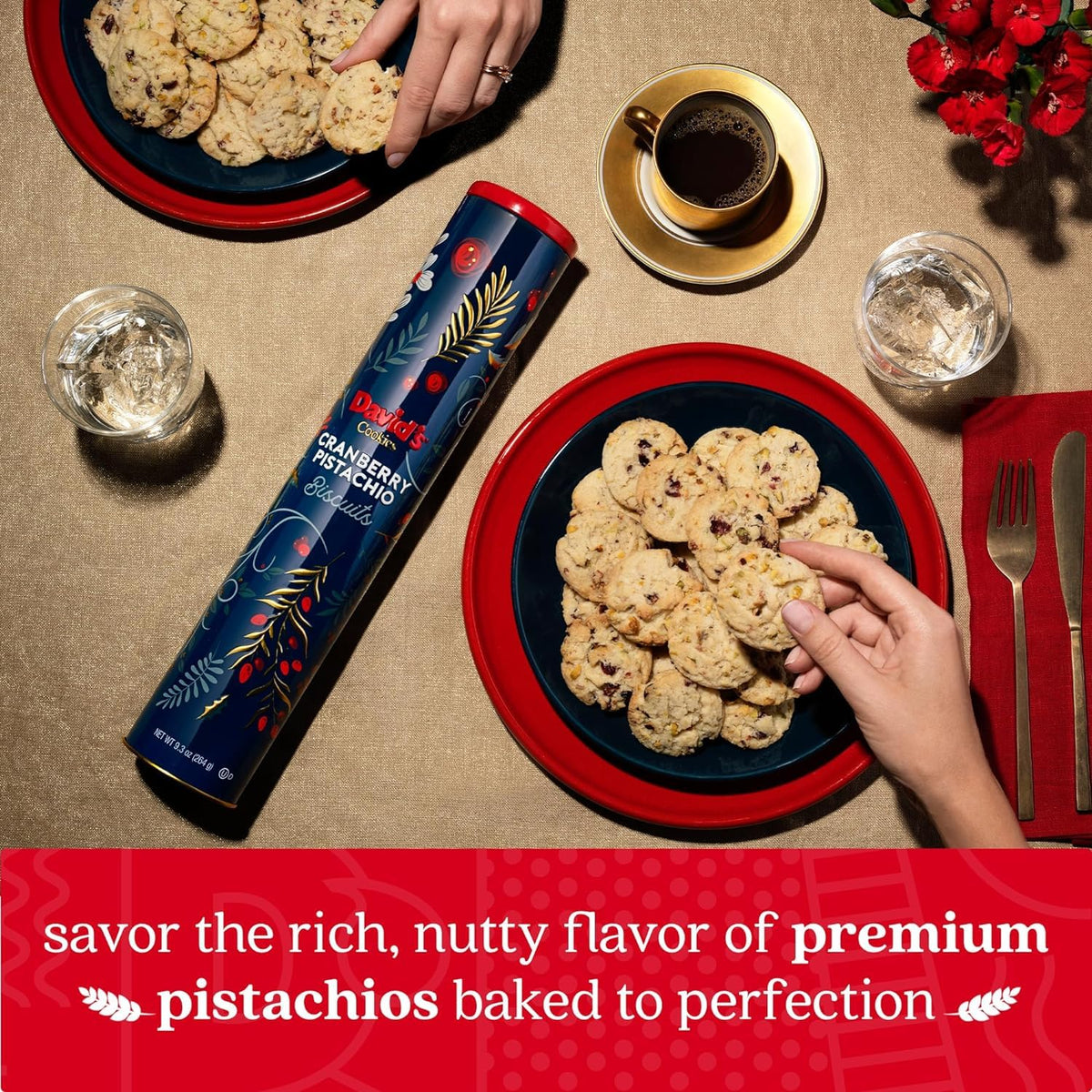 David’s Cookies Cranberry Pistachio biscuits ingredients close-up highlighting premium nuts and dried fruit