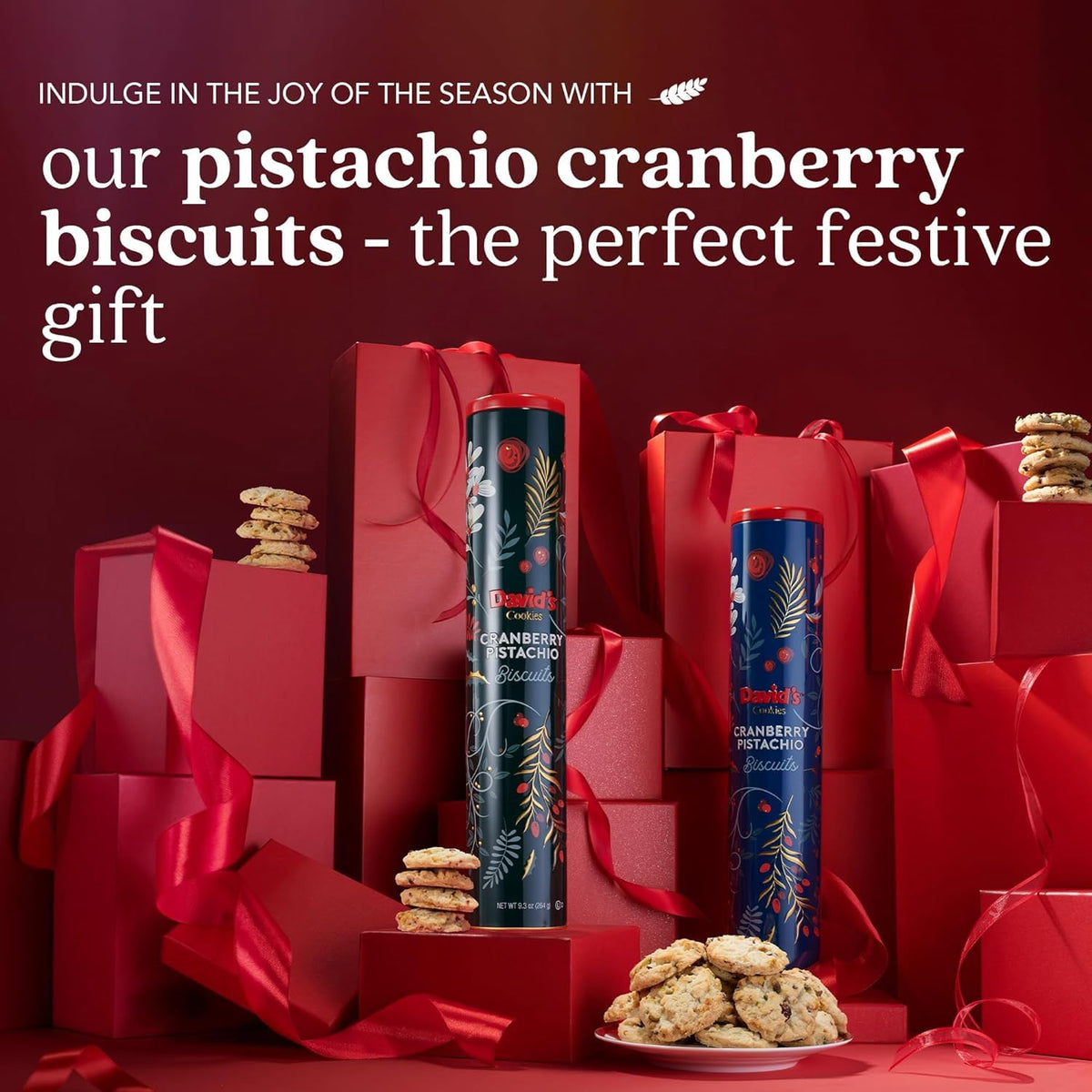 David’s Cookies Cranberry Pistachio biscuits tea-time setting with cup, ideal pairing suggestion