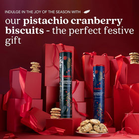 David’s Cookies Cranberry Pistachio biscuits tea-time setting with cup, ideal pairing suggestion