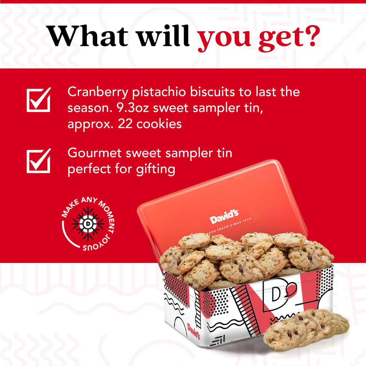 David's Cookies cranberry pistachio biscuits tin open shows biscuits ready for sharing.