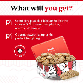 David's Cookies cranberry pistachio biscuits tin open shows biscuits ready for sharing.