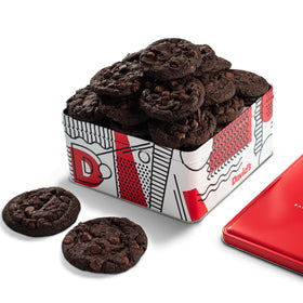David’s Cookies double chocolate chunk gift tin with two dozen fresh-baked cookies