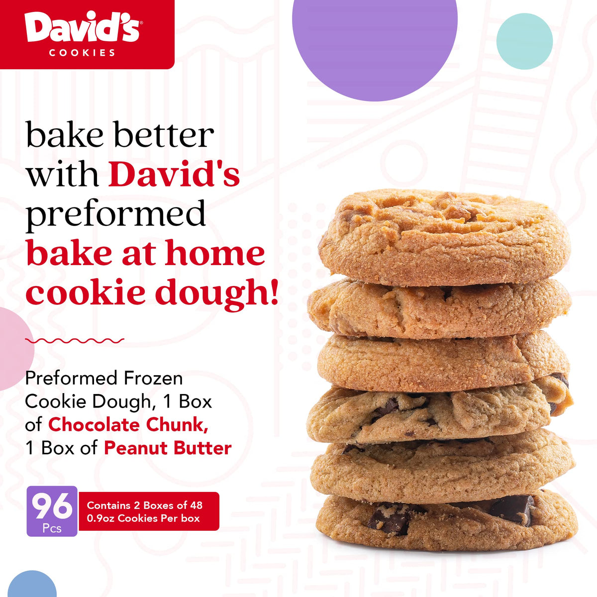 David's Cookies frozen dough packaging shows two boxes of 48 cookies each