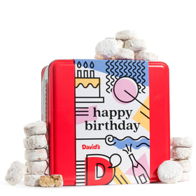 David's Cookies happy birthday gift tin with butter pecan meltaways for celebrations