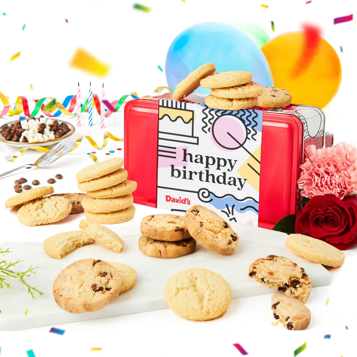 David's Cookies Happy Birthday tin cover showcases premium shortbread ready to gift.