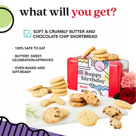 David's Cookies Happy Birthday tin gift box highlights two gourmet shortbread flavors.