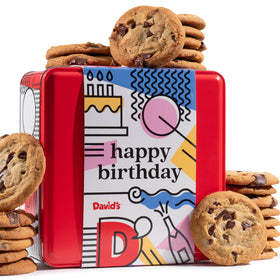 David's Cookies Happy Birthday tin ready for gifting and celebrations