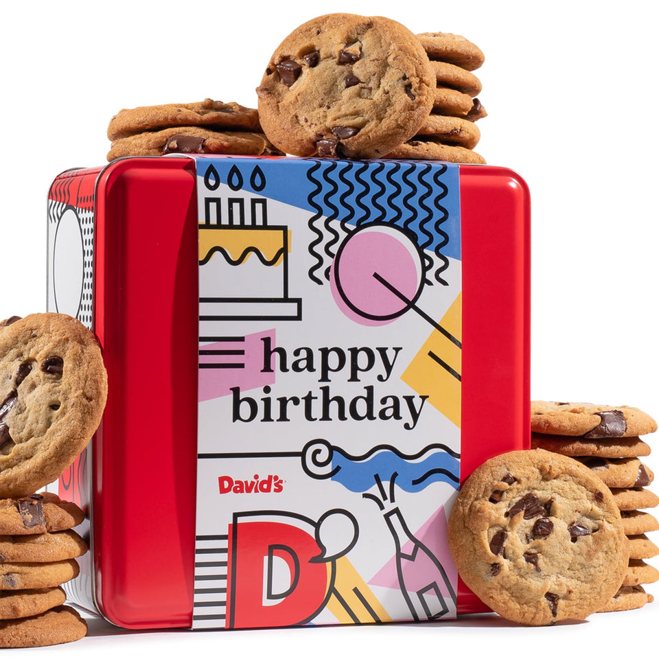 David's Cookies Happy Birthday tin ready for gifting and celebrations