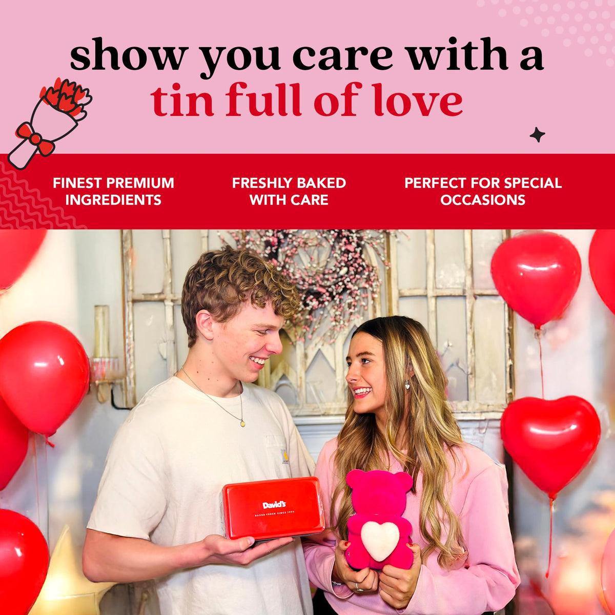 David's Cookies Love Tin packaging communicates gift-ready, elegant presentation.