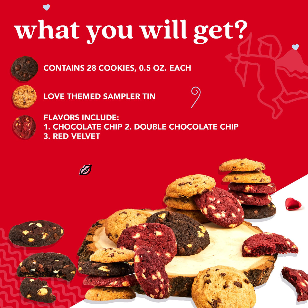 David's Cookies Love Tin closeup shows bite-size cookies, ideal for quick treats.