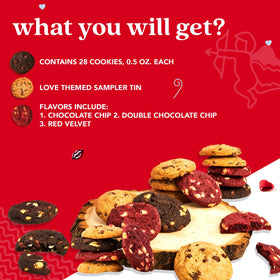 David's Cookies Love Tin closeup shows bite-size cookies, ideal for quick treats.