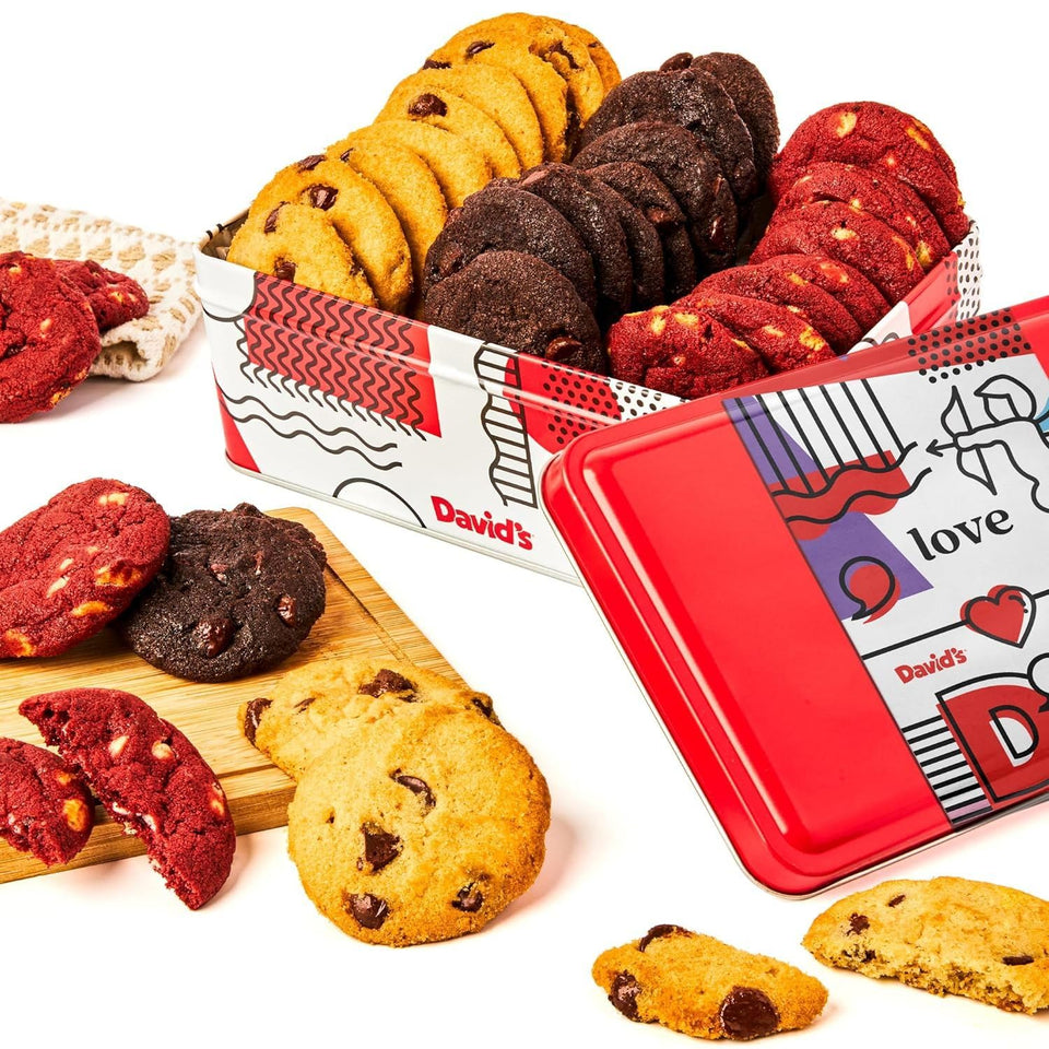 David's Cookies mini sampler in Love Tin front view, gift-ready packaging.