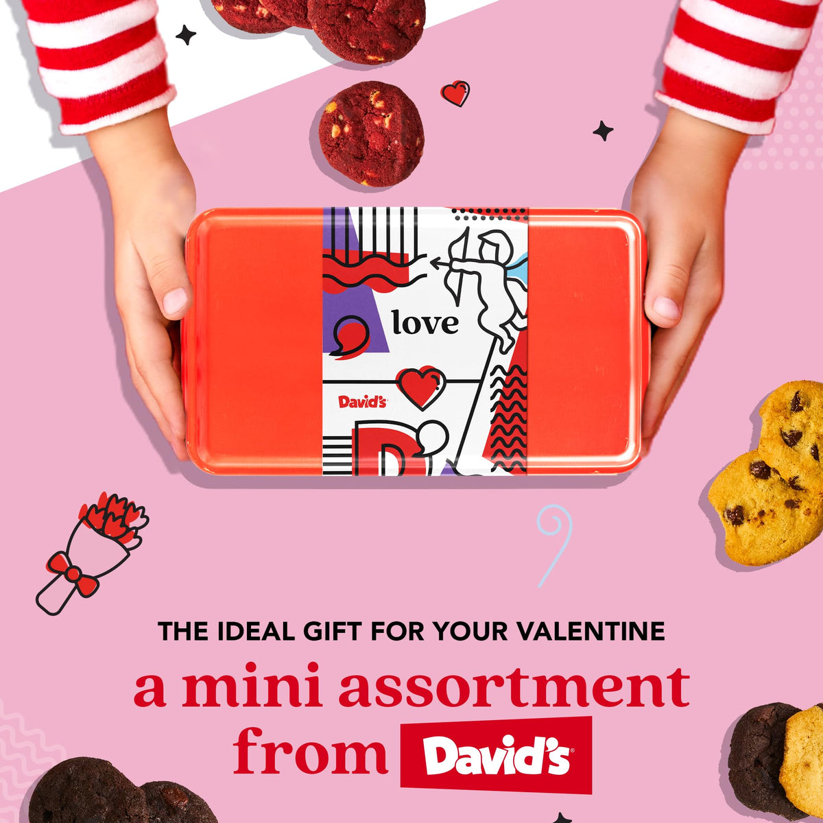 David's Cookies mini sampler red velvet presentation for celebrations.