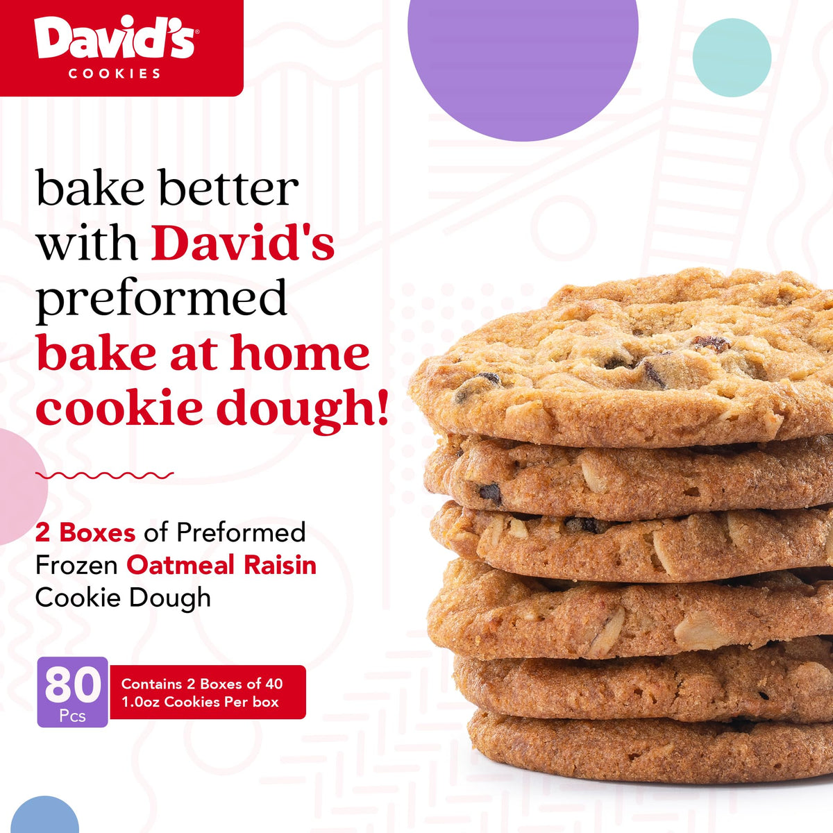 David's Cookies 80-count oatmeal raisin packaging, two boxes ideal for family gatherings.