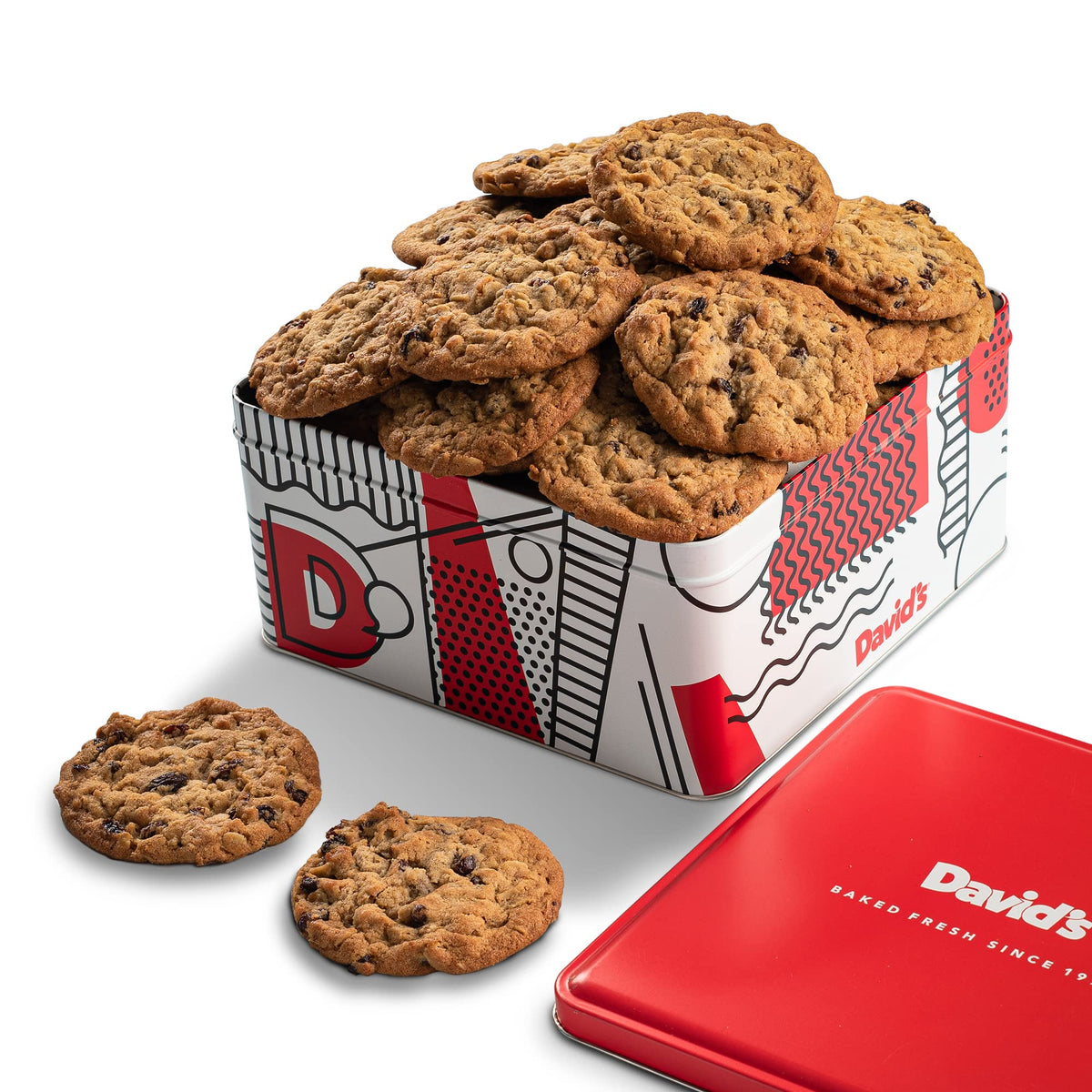 David's Cookies oatmeal raisin gift tin with two dozen soft cookies, ideal for gifting.