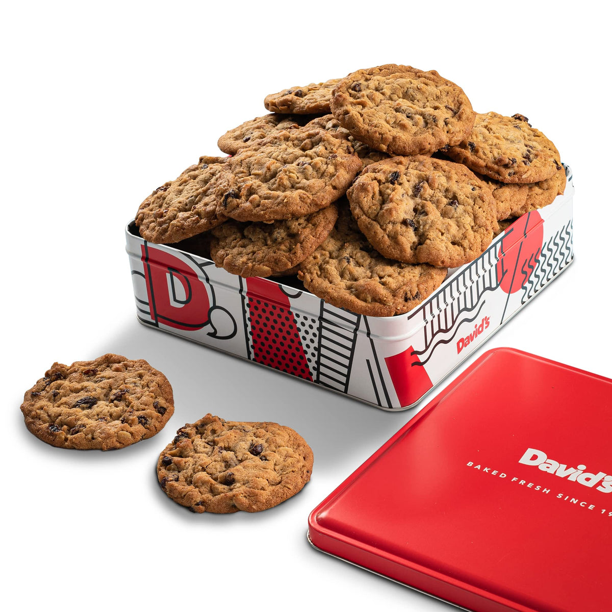 David's Cookies oatmeal raisin gift tin with twelve soft-baked cookies.