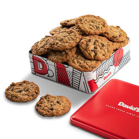 David's Cookies oatmeal raisin gift tin with twelve soft-baked cookies.