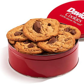 David's Cookies peanut butter chunk cookies in a gift tin for celebrations.