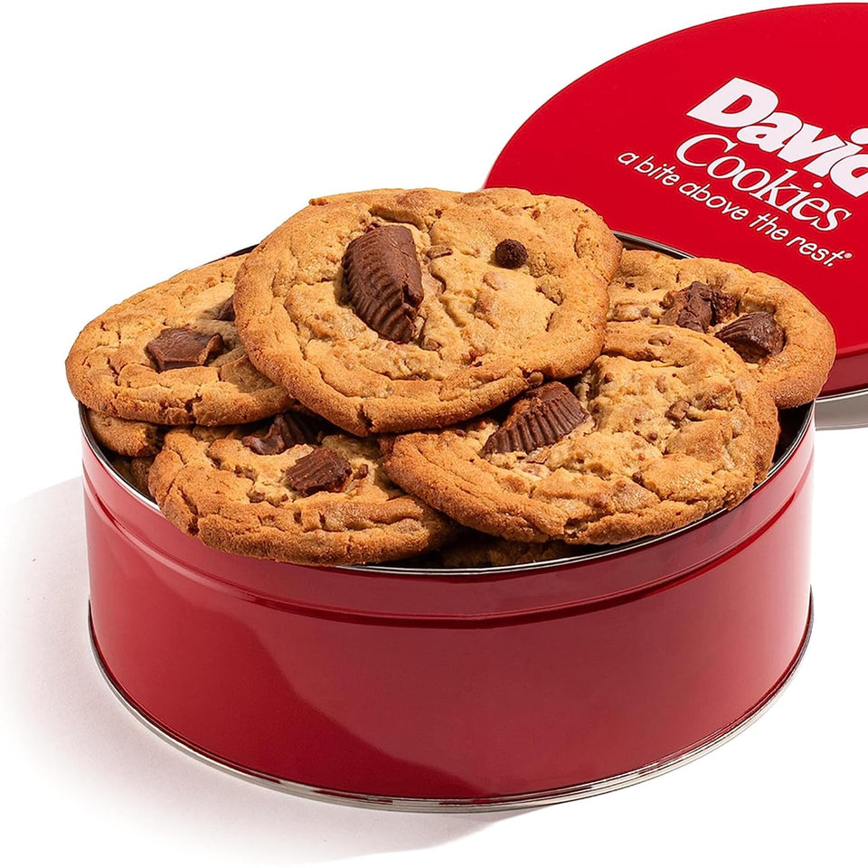 David's Cookies peanut butter chunk cookies in a gift tin for celebrations.