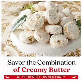 David's Cookies butter pecan meltaway cookies dusted with powdered sugar.