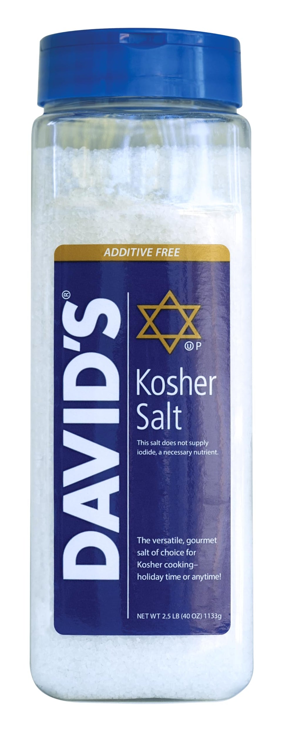 David's Kosher Salt 2.5 lb bag showing clean crystals for even flavoring.