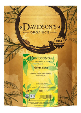 Davidson's Genmaicha loose leaf tea in a cup, nutty aroma ideal for afternoon relaxation.