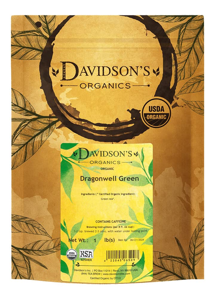 Davidson's Organics Dragonwell Green tea leaves close-up with fresh aroma
