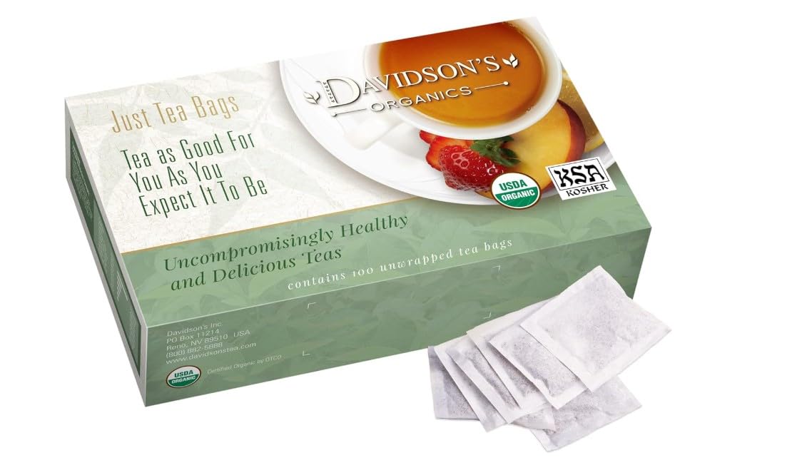 Davidson's Organics hibiscus tea bag closeup showing vibrant petals and a refreshing infusion