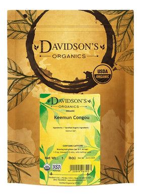 Davidson's Organics Keemun Congou loose leaf tea packet on the shelf shows premium organic quality