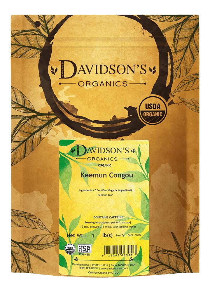 Davidson's Organics Keemun Congou loose leaf tea packet on the shelf shows premium organic quality