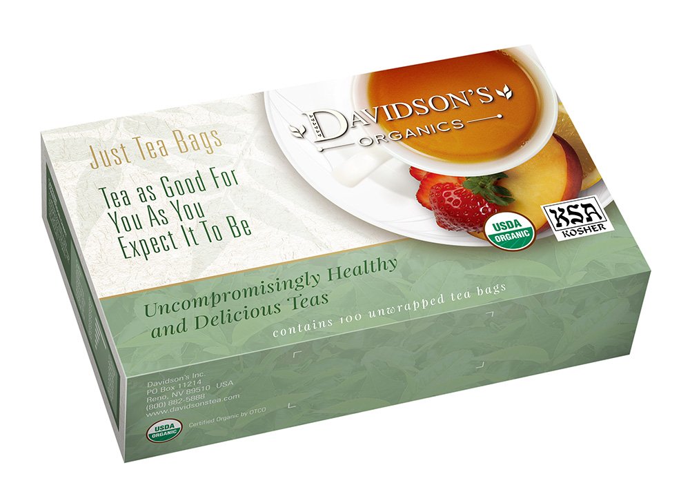Davidson's Organics Green Rooibos tea bags highlighting organic quality and convenience