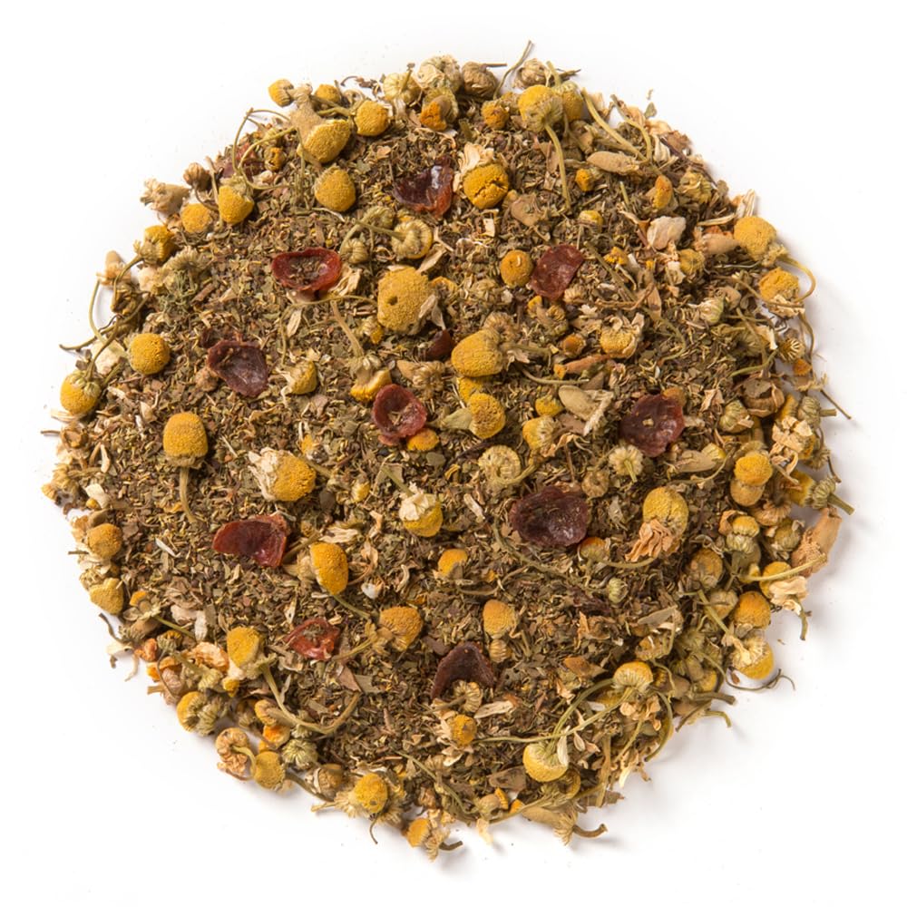 Close-up of Tulsi leaves and chamomile buds in Davidson's Tulsi Chamomile Flower blend