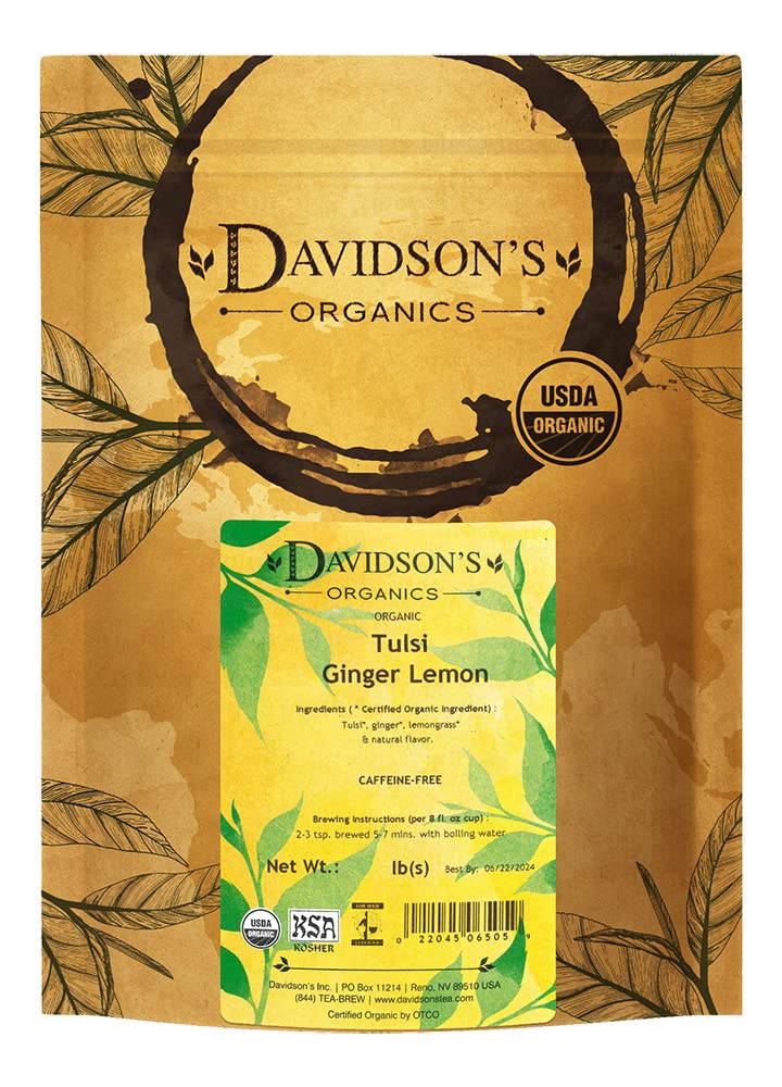 Davidson's Organics Tulsi Ginger Lemon loose-leaf tea ready to brew for a citrus kick