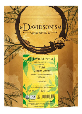Davidson's Organics Tulsi Ginger Lemon loose-leaf tea ready to brew for a citrus kick
