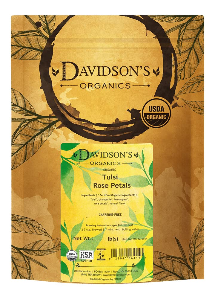 Davidson's Organics Tulsi Rose Petals loose leaf tea, fragrant floral blend for daily ritual.