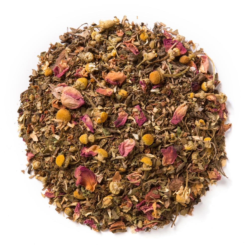 Davidson's Tulsi Rose Petals brew in a cup showcases citrus top notes and herbal depth.