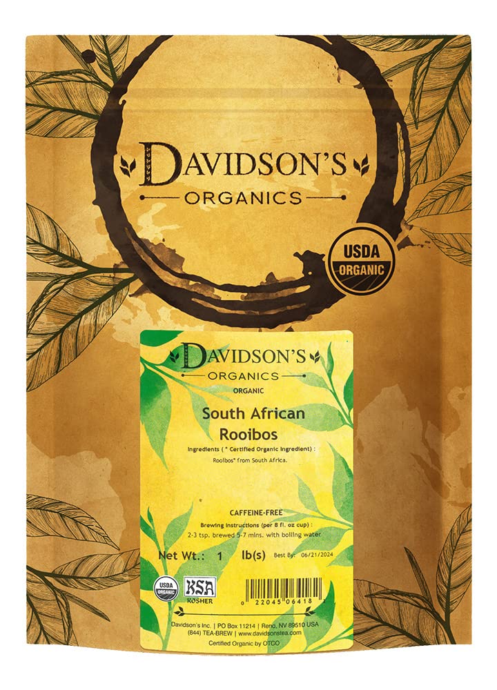 Davidson's Rooibos loose leaf in a 16oz bag, caffeine-free option.