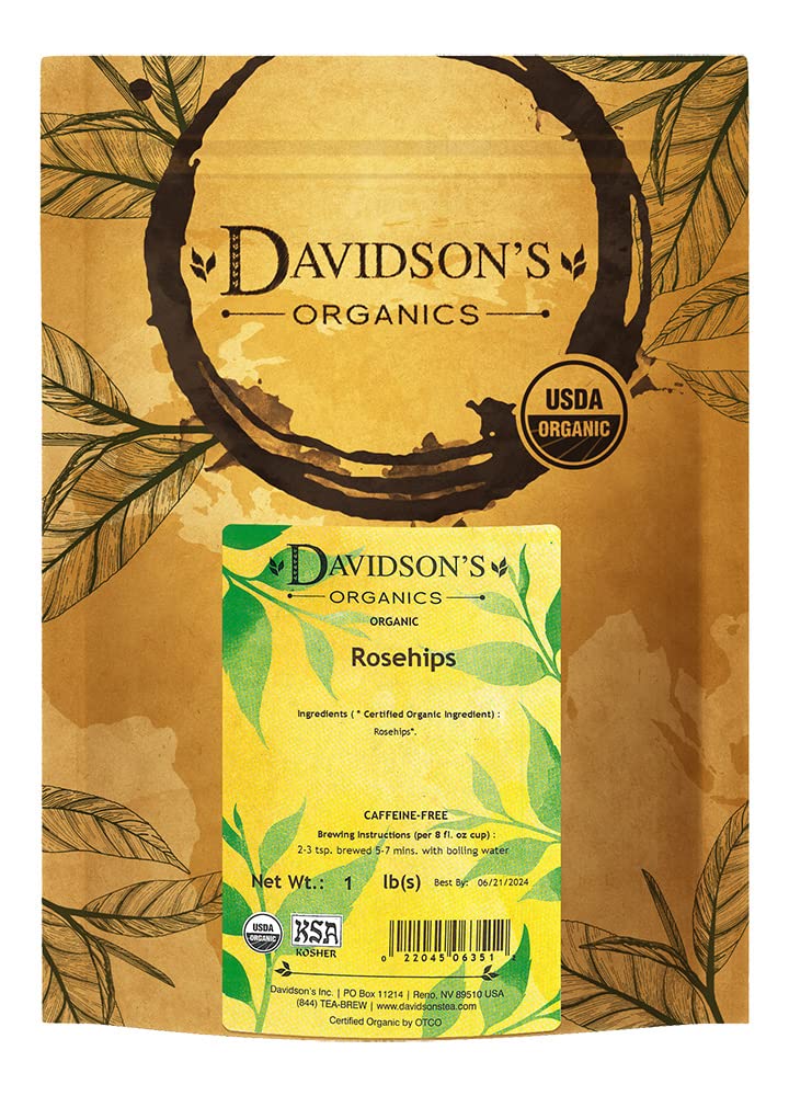 Davidson's Organic Rosehips bulk bag shows bright color and tangy aroma.