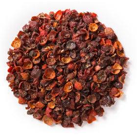 Closeup of Davidson's Organic Rosehips highlighting tart aroma and vibrant color.